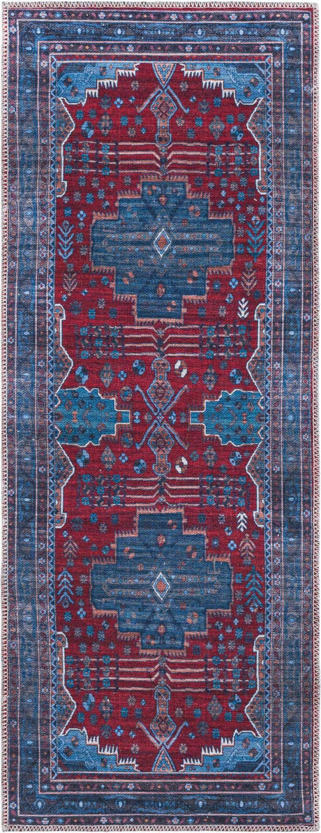 Washable Red and Blue 2' x 5' Mangata Runner Area Rug Easy to Clean Stain Resistant & Durable Chenille Traditional Vintage Distressed Carpet for Sale at Rug Engine
