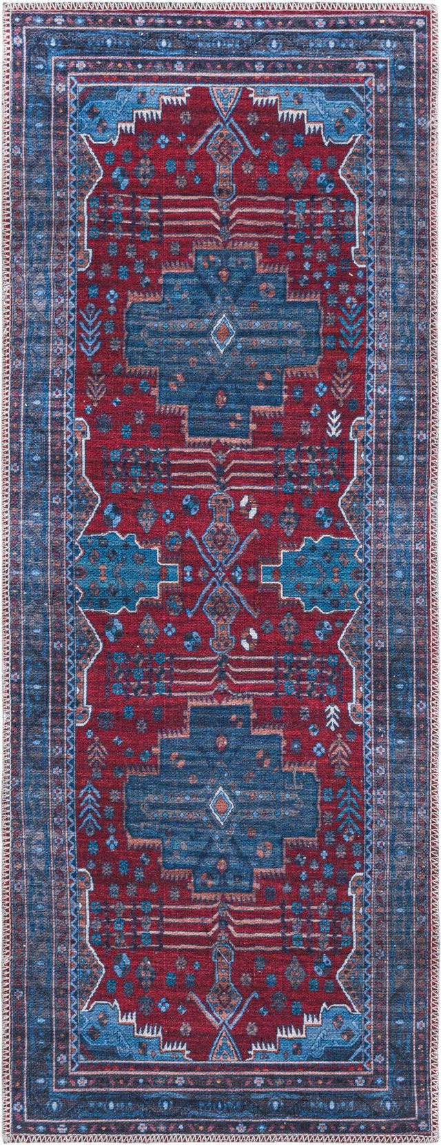 Washable Red and Blue 2' x 5' Mangata Runner Area Rug Easy to Clean Stain Resistant & Durable Chenille Traditional Vintage Distressed Carpet for Sale at Rug Engine