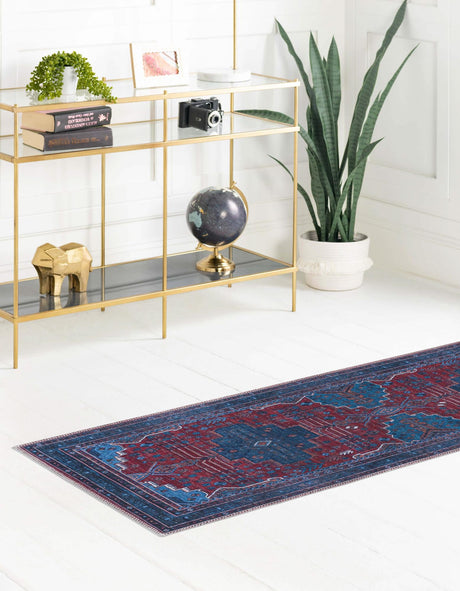 Washable Red and Blue 2' x 6' Mangata Washable Runner Area Rug Easy to Clean Stain Resistant & Durable Chenille Traditional Vintage Distressed Carpet for Sale at Rug Engine