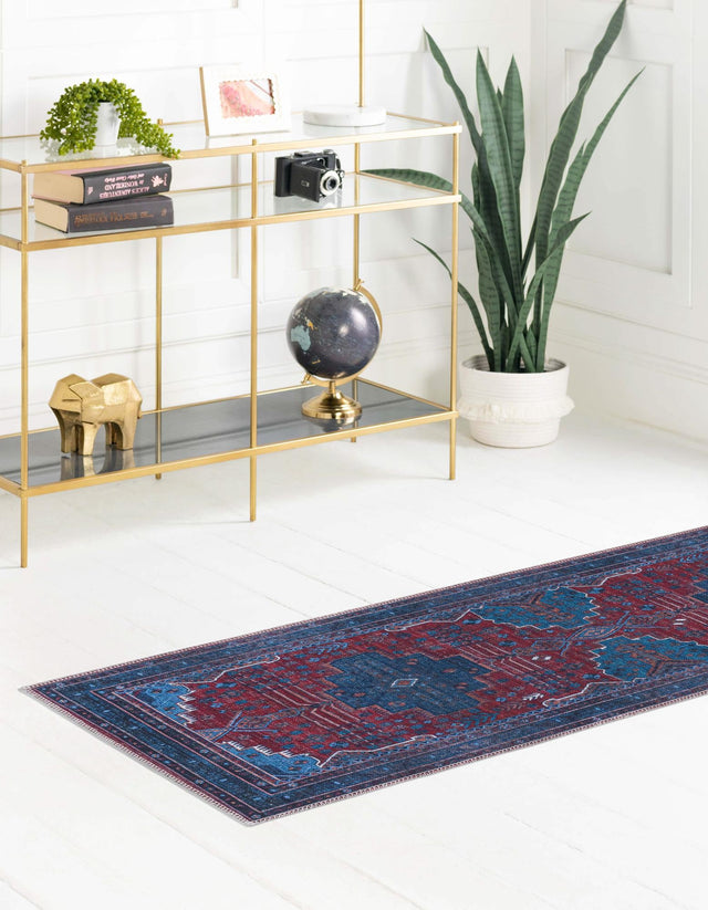 Washable Red and Blue 2' x 10' Mangata Runner Area Rug Easy to Clean Stain Resistant & Durable Chenille Traditional Vintage Distressed Carpet for Sale at Rug Engine