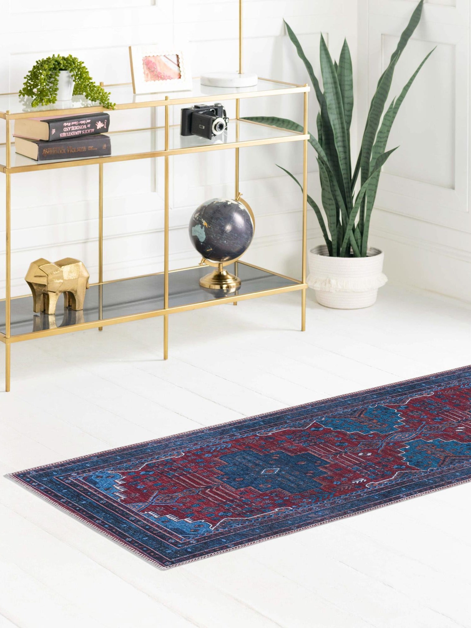 Washable Red and Blue 2' 7 x 13' Mangata Runner Area Rug Easy to Clean Stain Resistant & Durable Chenille Traditional Vintage Distressed Carpet for Sale at Rug Engine