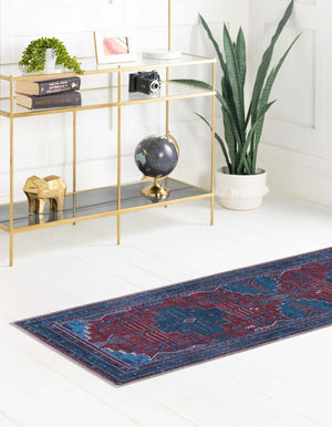 Washable Red and Blue 2' 7 x 13' Mangata Runner Area Rug Easy to Clean Stain Resistant & Durable Chenille Traditional Vintage Distressed Carpet for Sale at Rug Engine