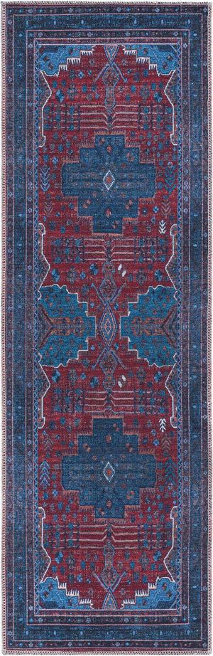 Washable Red and Blue 2' x 6' Mangata Washable Runner Area Rug Easy to Clean Stain Resistant & Durable Chenille Traditional Vintage Distressed Carpet for Sale at Rug Engine