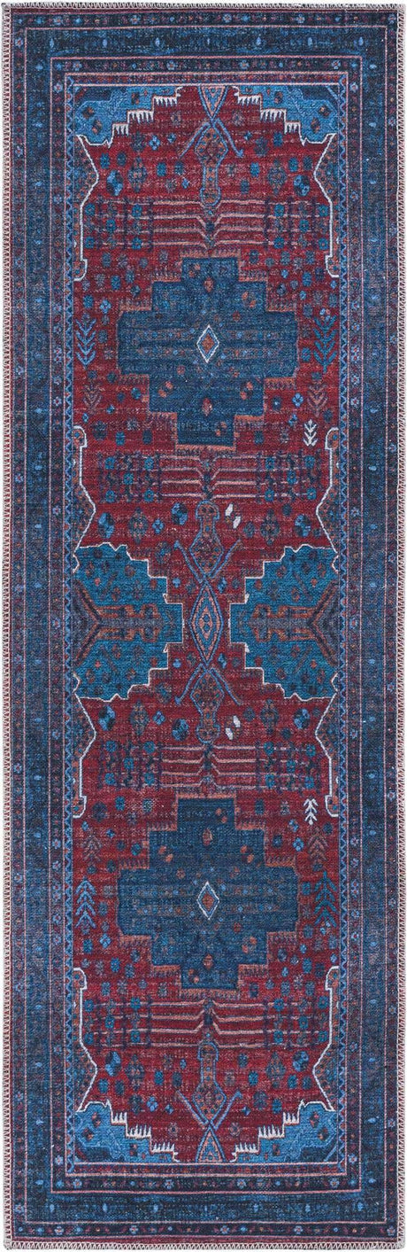 Washable Red and Blue 2' x 6' Mangata Washable Runner Area Rug Easy to Clean Stain Resistant & Durable Chenille Traditional Vintage Distressed Carpet for Sale at Rug Engine