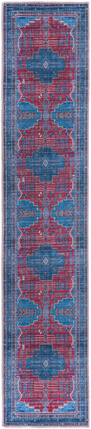 Washable Red and Blue 2' x 10' Mangata Runner Area Rug Easy to Clean Stain Resistant & Durable Chenille Traditional Vintage Distressed Carpet for Sale at Rug Engine