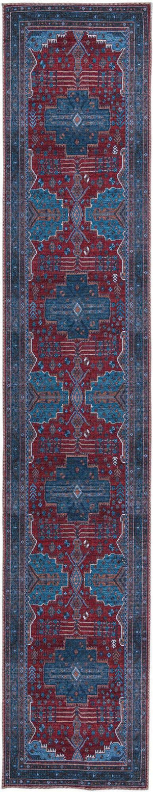 Washable Red and Blue 2' 7 x 13' Mangata Runner Area Rug Easy to Clean Stain Resistant & Durable Chenille Traditional Vintage Distressed Carpet for Sale at Rug Engine