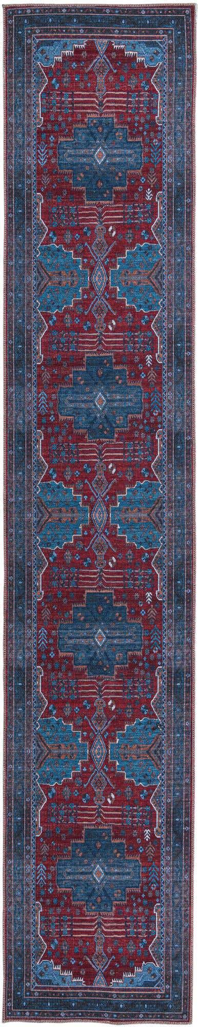 Washable Red and Blue 2' 7 x 13' Mangata Runner Area Rug Easy to Clean Stain Resistant & Durable Chenille Traditional Vintage Distressed Carpet for Sale at Rug Engine