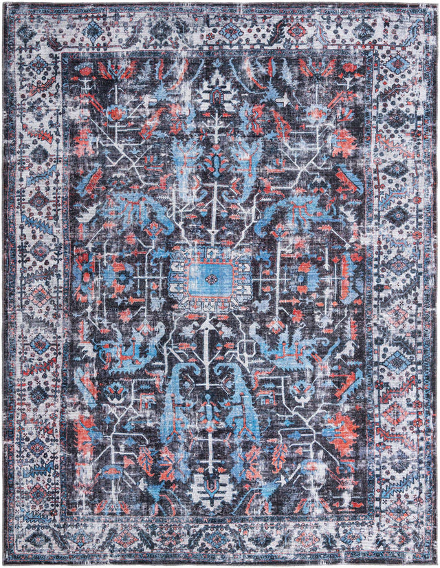 Washable Black 10' 6 x 13' Mangata Rectangle Area Rug Easy to Clean Stain Resistant & Durable Chenille Traditional Vintage Distressed Carpet for Sale at Rug Engine