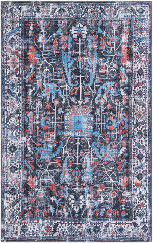 Washable Black 5' 11 x 9' Mangata Rectangle Area Rug Easy to Clean Stain Resistant & Durable Chenille Traditional Vintage Distressed Carpet for Sale at Rug Engine