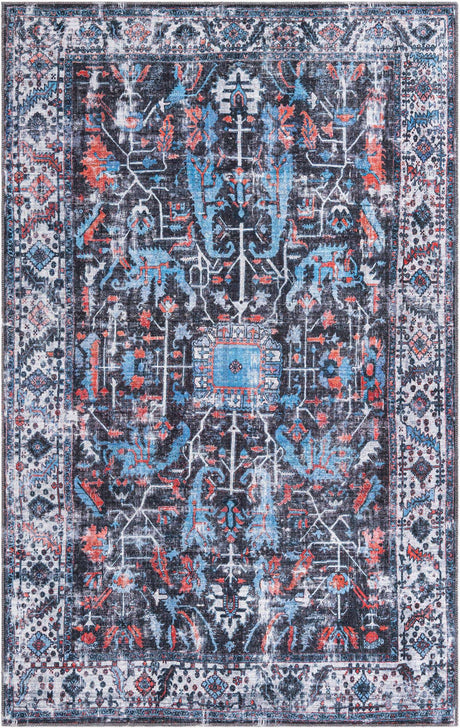 Washable Black 5' 11 x 9' Mangata Rectangle Area Rug Easy to Clean Stain Resistant & Durable Chenille Traditional Vintage Distressed Carpet for Sale at Rug Engine