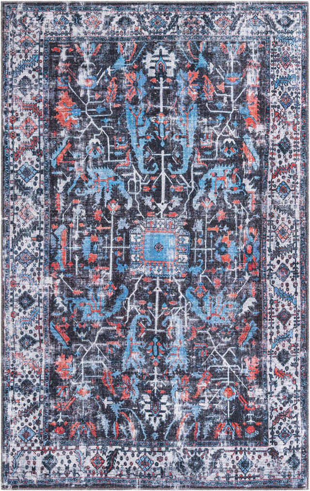 Washable Black 5' 11 x 9' Mangata Rectangle Area Rug Easy to Clean Stain Resistant & Durable Chenille Traditional Vintage Distressed Carpet for Sale at Rug Engine
