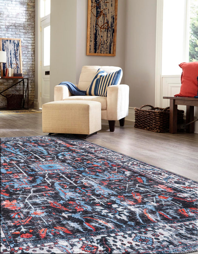 Washable Black 7' 10 x 10' Mangata Rectangle Area Rug Easy to Clean Stain Resistant & Durable Chenille Traditional Vintage Distressed Carpet for Sale at Rug Engine