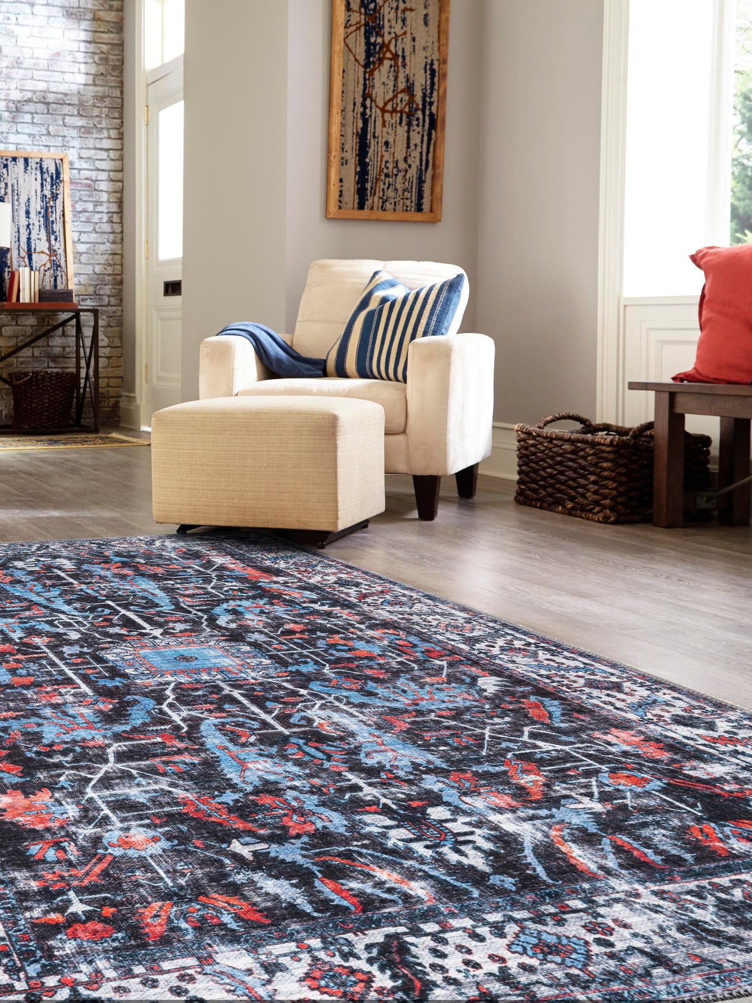 Washable Black 5' 11 x 9' Mangata Rectangle Area Rug Easy to Clean Stain Resistant & Durable Chenille Traditional Vintage Distressed Carpet for Sale at Rug Engine