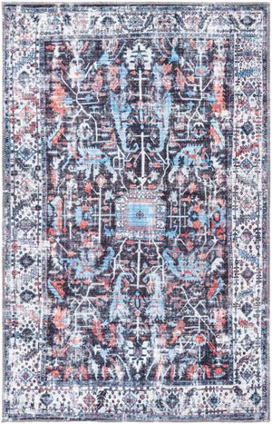 Washable Black 4' x 6' Mangata Washable Rectangle Area Rug Easy to Clean Stain Resistant & Durable Chenille Traditional Vintage Distressed Carpet for Sale at Rug Engine
