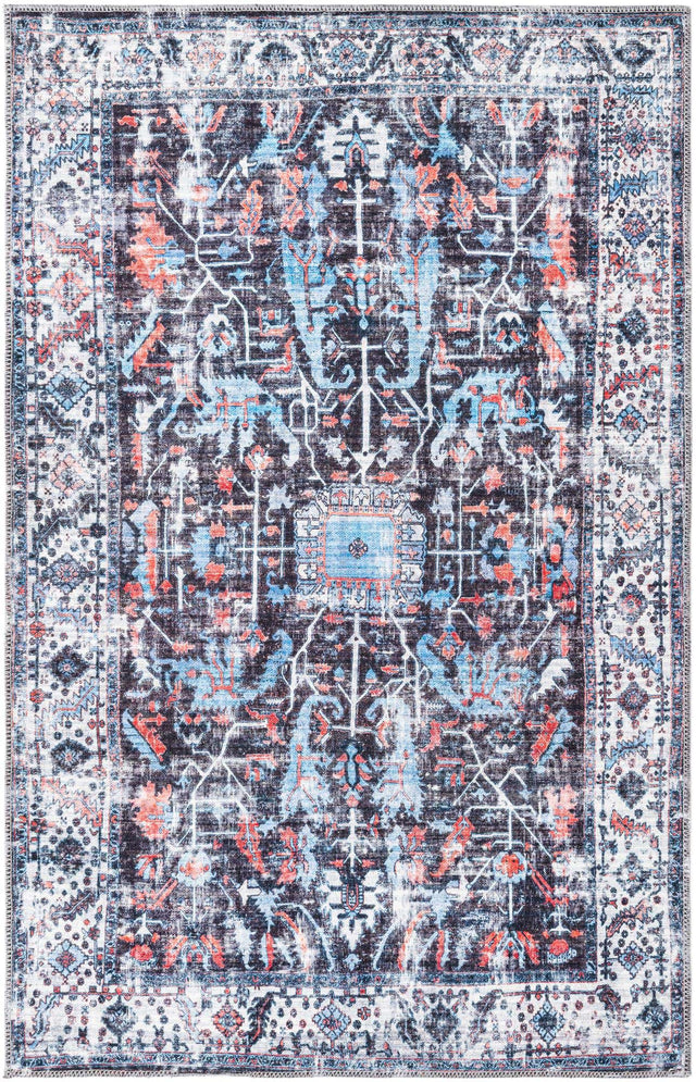 Washable Black 4' x 6' Mangata Washable Rectangle Area Rug Easy to Clean Stain Resistant & Durable Chenille Traditional Vintage Distressed Carpet for Sale at Rug Engine