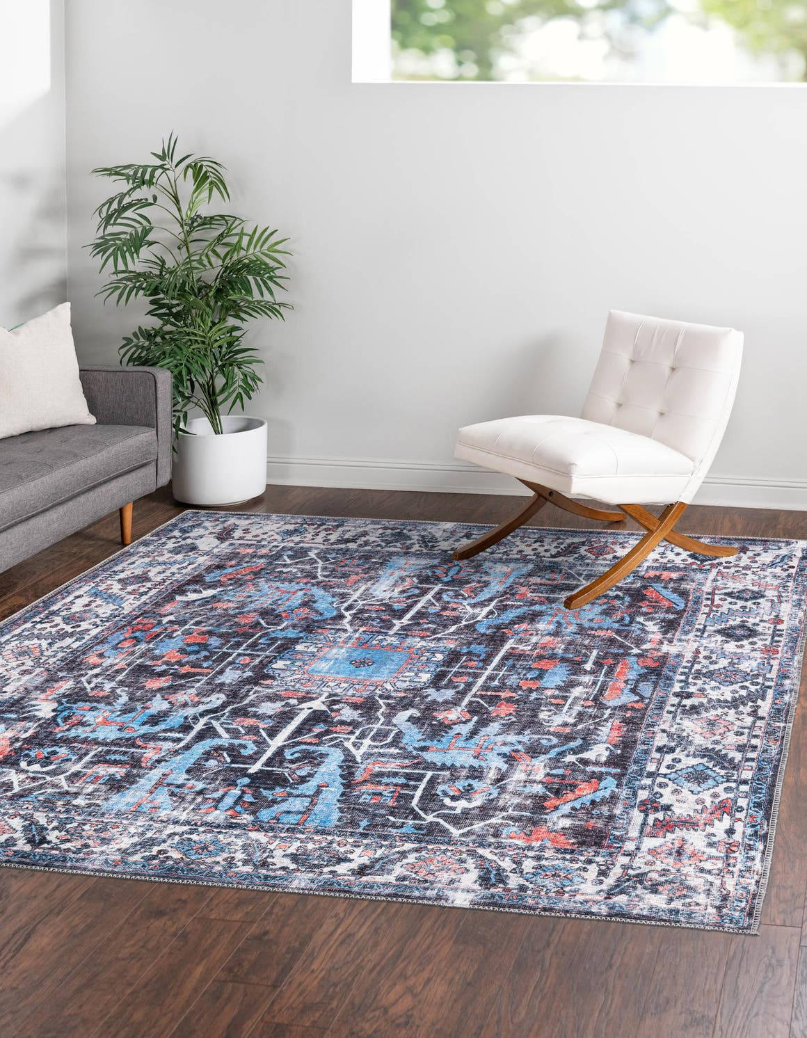 Washable Black 5' 3 x 5' 3 Mangata Square Area Rug Easy to Clean Stain Resistant & Durable Chenille Traditional Vintage Distressed Carpet for Sale at Rug Engine