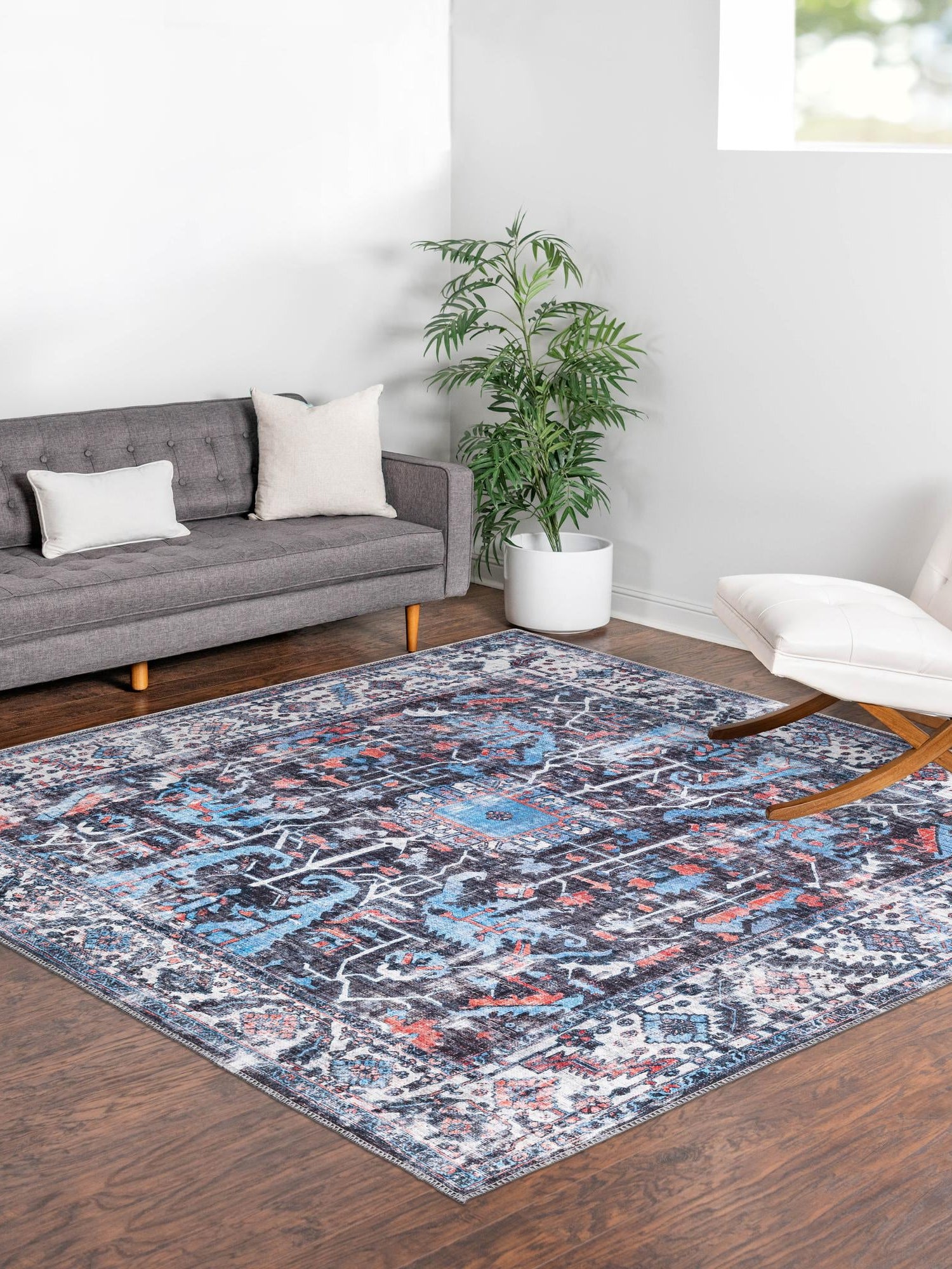Washable Black 5' 3 x 5' 3 Mangata Square Area Rug Easy to Clean Stain Resistant & Durable Chenille Traditional Vintage Distressed Carpet for Sale at Rug Engine