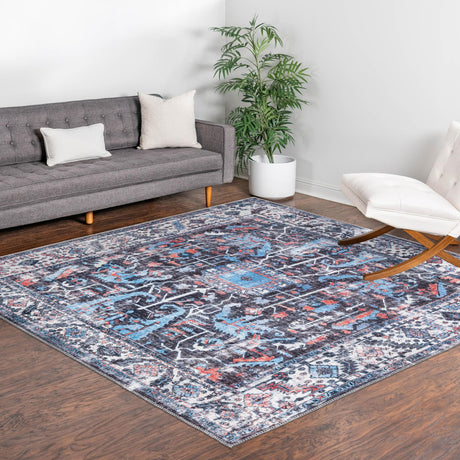 Washable Black 7' 10 x 7' 10 Mangata Square Area Rug Easy to Clean Stain Resistant & Durable Chenille Traditional Vintage Distressed Carpet for Sale at Rug Engine