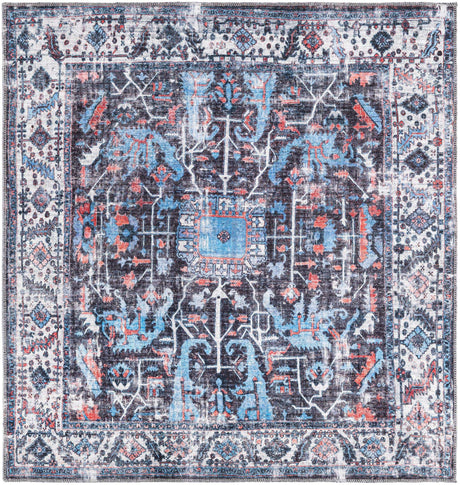 Washable Black 5' 3 x 5' 3 Mangata Square Area Rug Easy to Clean Stain Resistant & Durable Chenille Traditional Vintage Distressed Carpet for Sale at Rug Engine