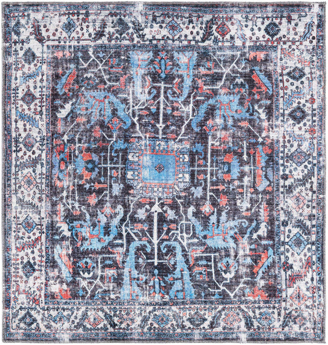 Washable Black 5' 3 x 5' 3 Mangata Square Area Rug Easy to Clean Stain Resistant & Durable Chenille Traditional Vintage Distressed Carpet for Sale at Rug Engine