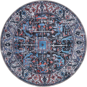 Washable Black 3' 11 x 3' 11 Mangata Round Area Rug Easy to Clean Stain Resistant & Durable Chenille Traditional Vintage Distressed Carpet for Sale at Rug Engine