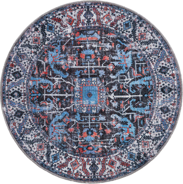 Washable Black 3' 11 x 3' 11 Mangata Round Area Rug Easy to Clean Stain Resistant & Durable Chenille Traditional Vintage Distressed Carpet for Sale at Rug Engine