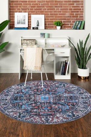 Washable Black 7' 3 x 7' 3 Mangata Round Area Rug Easy to Clean Stain Resistant & Durable Chenille Traditional Vintage Distressed Carpet for Sale at Rug Engine