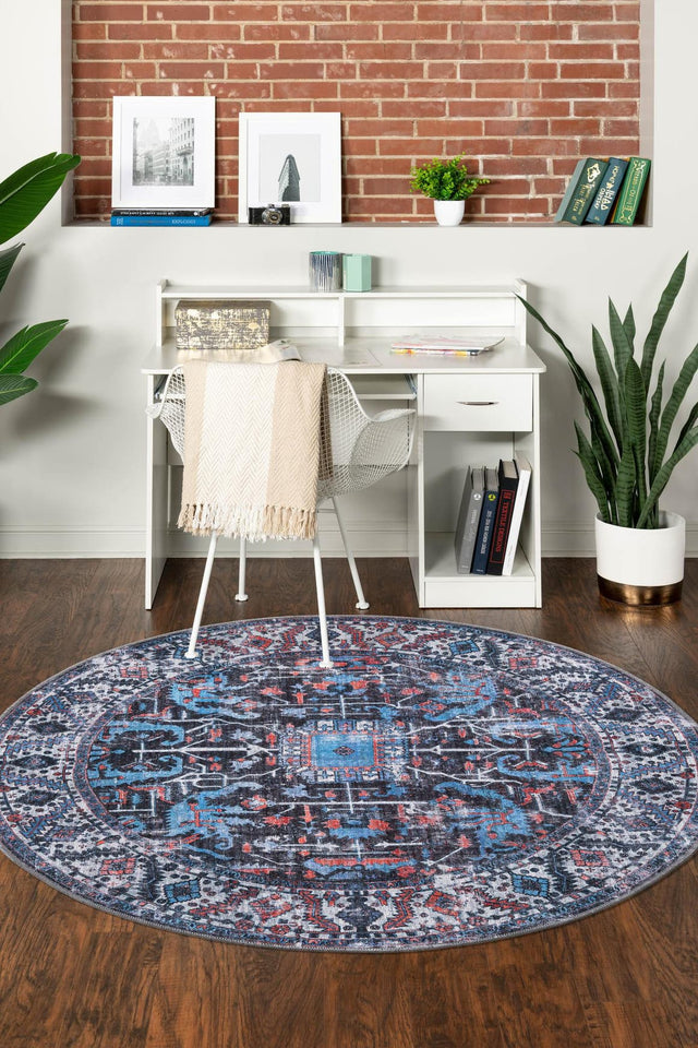 Washable Black 5' 3 x 5' 3 Mangata Round Area Rug Easy to Clean Stain Resistant & Durable Chenille Traditional Vintage Distressed Carpet for Sale at Rug Engine