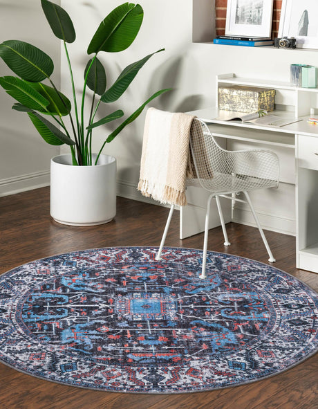 Washable Black 7' 3 x 7' 3 Mangata Round Area Rug Easy to Clean Stain Resistant & Durable Chenille Traditional Vintage Distressed Carpet for Sale at Rug Engine