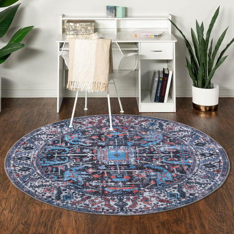 Washable Black 3' 11 x 3' 11 Mangata Round Area Rug Easy to Clean Stain Resistant & Durable Chenille Traditional Vintage Distressed Carpet for Sale at Rug Engine