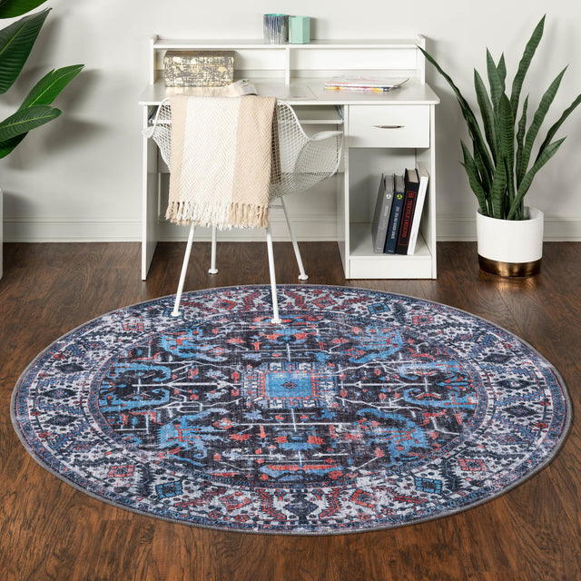 Washable Black 3' 11 x 3' 11 Mangata Round Area Rug Easy to Clean Stain Resistant & Durable Chenille Traditional Vintage Distressed Carpet for Sale at Rug Engine