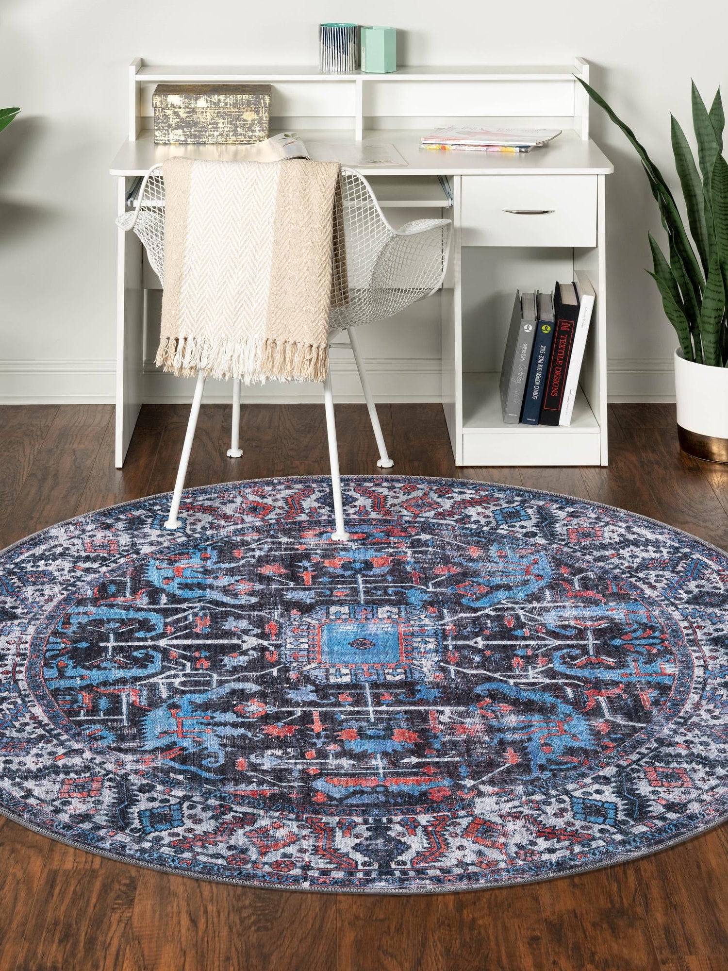 Washable Black 7' 3 x 7' 3 Mangata Round Area Rug Easy to Clean Stain Resistant & Durable Chenille Traditional Vintage Distressed Carpet for Sale at Rug Engine