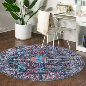 Washable Black 3' 11 x 3' 11 Mangata Round Area Rug Easy to Clean Stain Resistant & Durable Chenille Traditional Vintage Distressed Carpet for Sale at Rug Engine