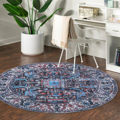 Washable Black 3' 11 x 3' 11 Mangata Round Area Rug Easy to Clean Stain Resistant & Durable Chenille Traditional Vintage Distressed Carpet for Sale at Rug Engine
