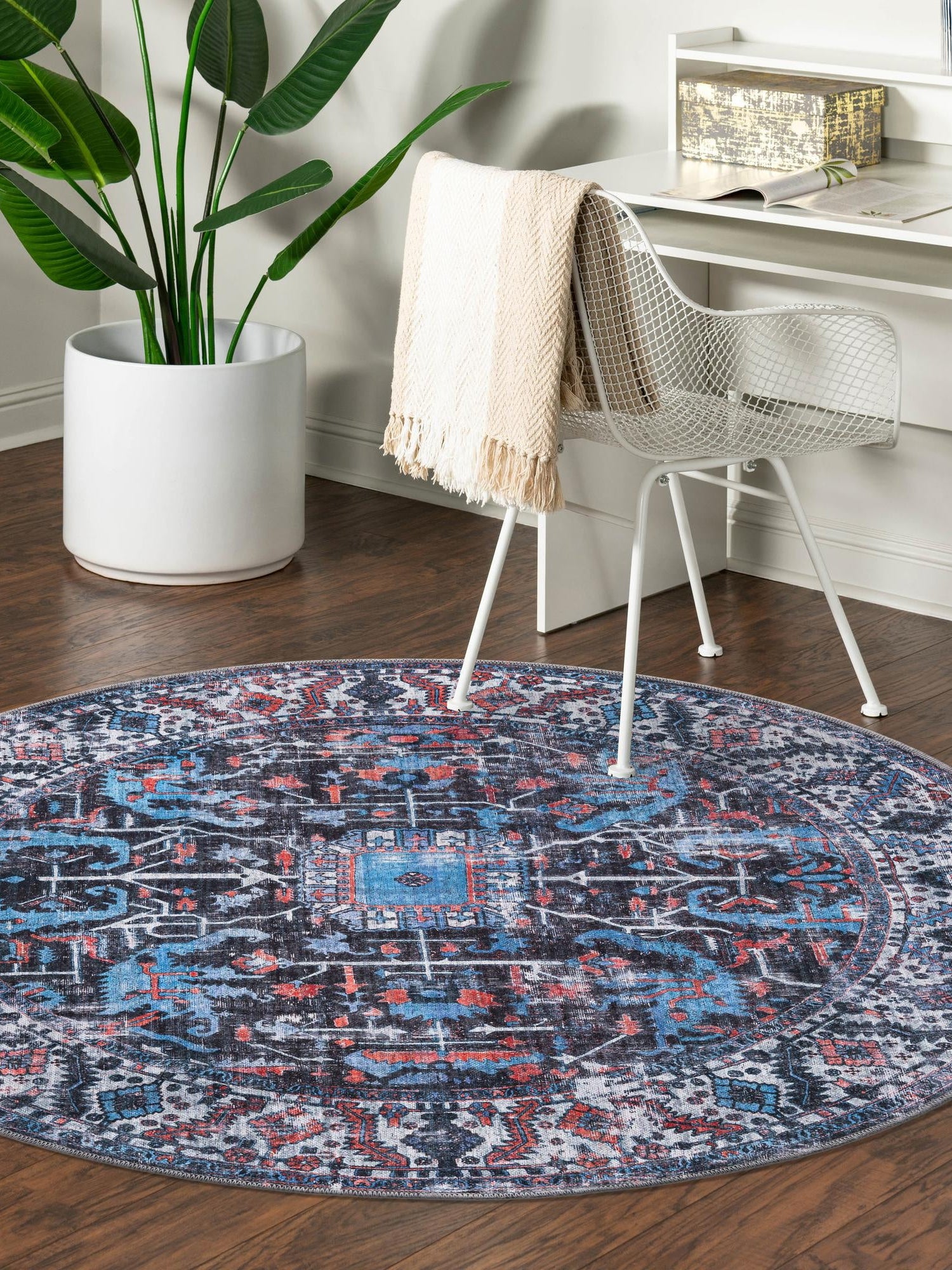 Washable Black 7' 3 x 7' 3 Mangata Round Area Rug Easy to Clean Stain Resistant & Durable Chenille Traditional Vintage Distressed Carpet for Sale at Rug Engine