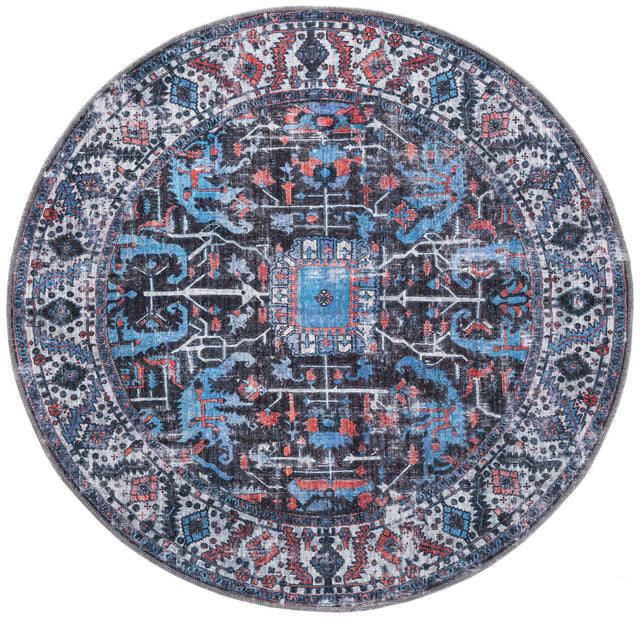 Washable Black 5' 3 x 5' 3 Mangata Round Area Rug Easy to Clean Stain Resistant & Durable Chenille Traditional Vintage Distressed Carpet for Sale at Rug Engine