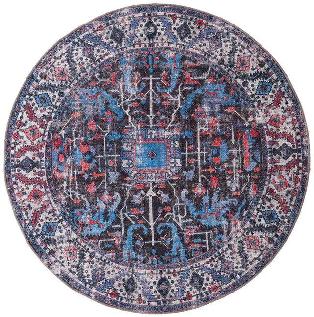 Washable Black 7' 3 x 7' 3 Mangata Round Area Rug Easy to Clean Stain Resistant & Durable Chenille Traditional Vintage Distressed Carpet for Sale at Rug Engine