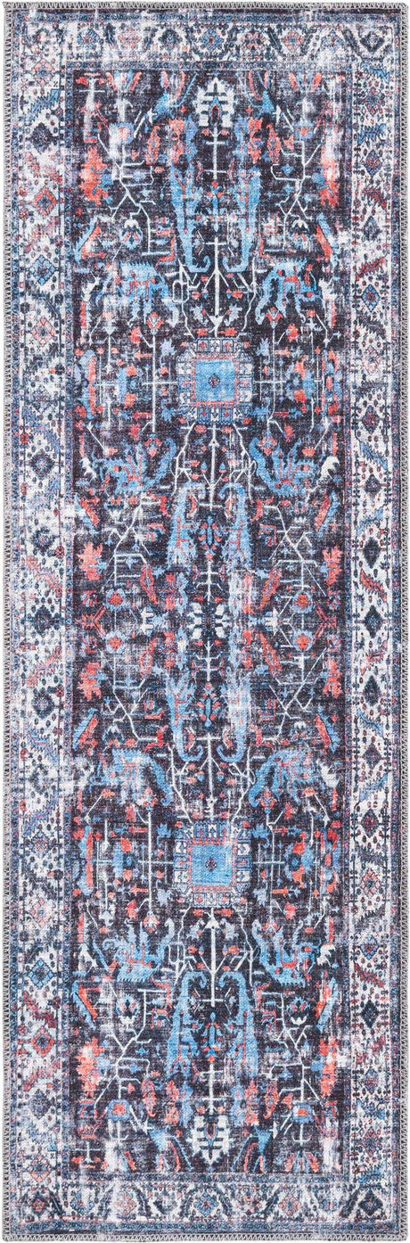 Washable Black 2' x 6' Mangata Runner Area Rug Easy to Clean Stain Resistant & Durable Chenille Traditional Vintage Distressed Carpet for Sale at Rug Engine