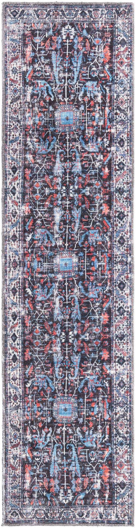 Washable Black 2' x 7' 10 Mangata Runner Area Rug Easy to Clean Stain Resistant & Durable Chenille Traditional Vintage Distressed Carpet for Sale at Rug Engine