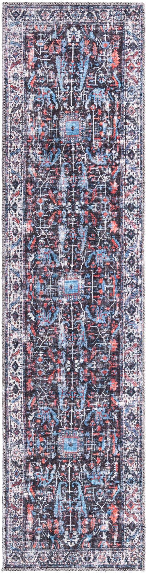 Washable Black 2' x 7' 10 Mangata Runner Area Rug Easy to Clean Stain Resistant & Durable Chenille Traditional Vintage Distressed Carpet for Sale at Rug Engine