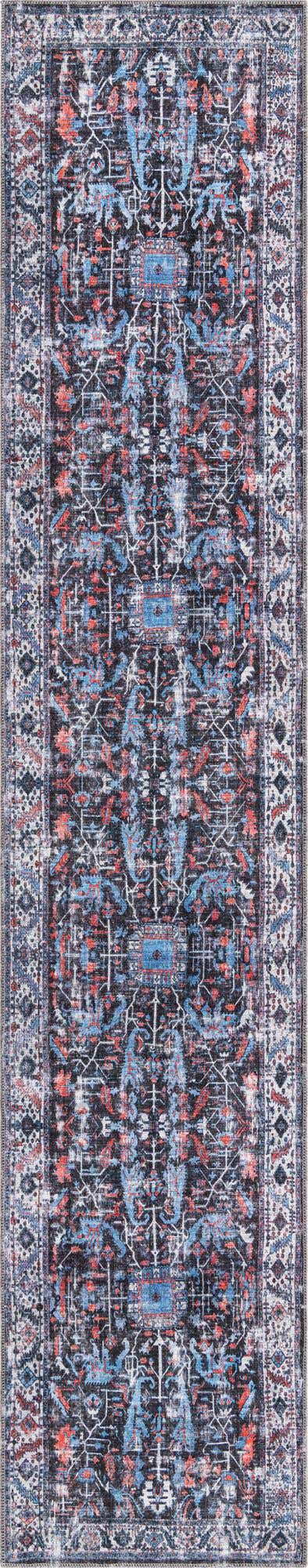 Washable Black 2' 7 x 13' Mangata Runner Area Rug Easy to Clean Stain Resistant & Durable Chenille Traditional Vintage Distressed Carpet for Sale at Rug Engine