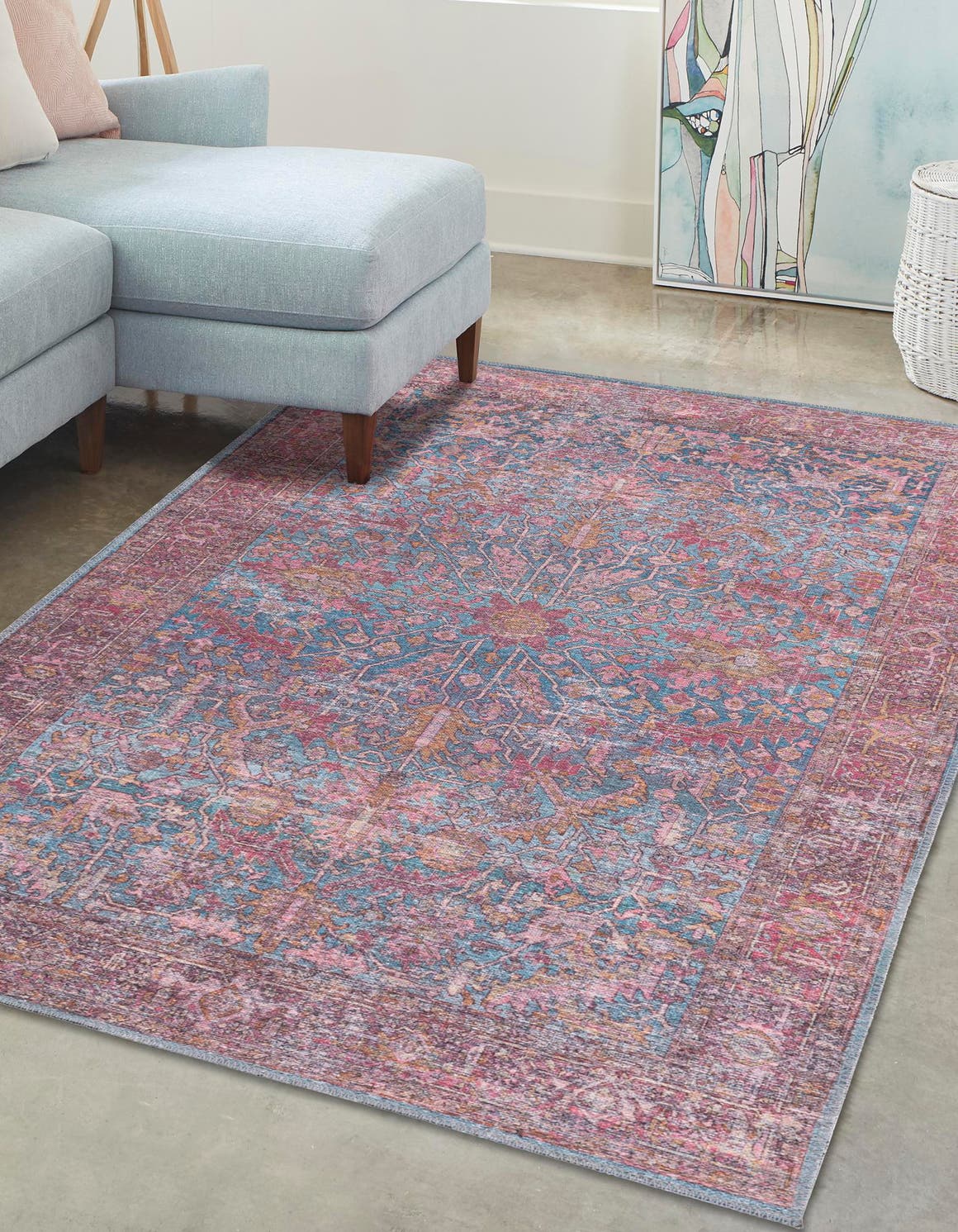 Washable Antique Blue 9' 2 x 12' Mangata Rectangle Area Rug Easy to Clean Stain Resistant & Durable Chenille Traditional Vintage Distressed Carpet for Sale at Rug Engine