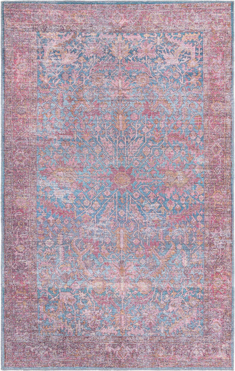 Washable Antique Blue 5' 3 x 8' Mangata Rectangle Area Rug Easy to Clean Stain Resistant & Durable Chenille Traditional Vintage Distressed Carpet for Sale at Rug Engine
