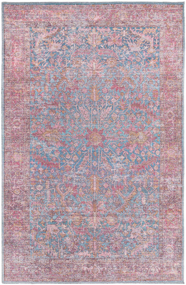 Washable Antique Blue 4' x 6' Mangata Washable Rectangle Area Rug Easy to Clean Stain Resistant & Durable Chenille Traditional Vintage Distressed Carpet for Sale at Rug Engine