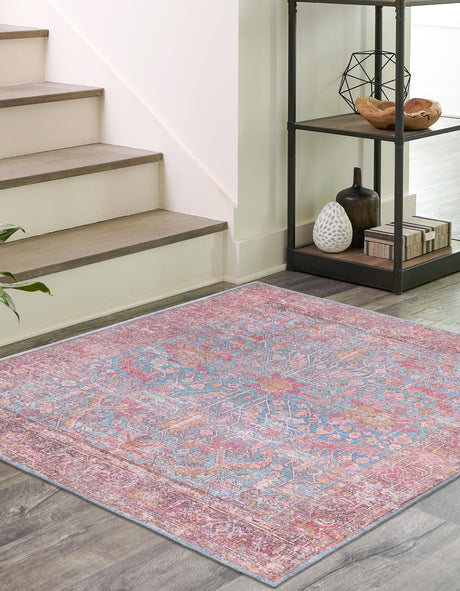 Washable Antique Blue 5' 3 x 5' 3 Mangata Square Area Rug Easy to Clean Stain Resistant & Durable Chenille Traditional Vintage Distressed Carpet for Sale at Rug Engine