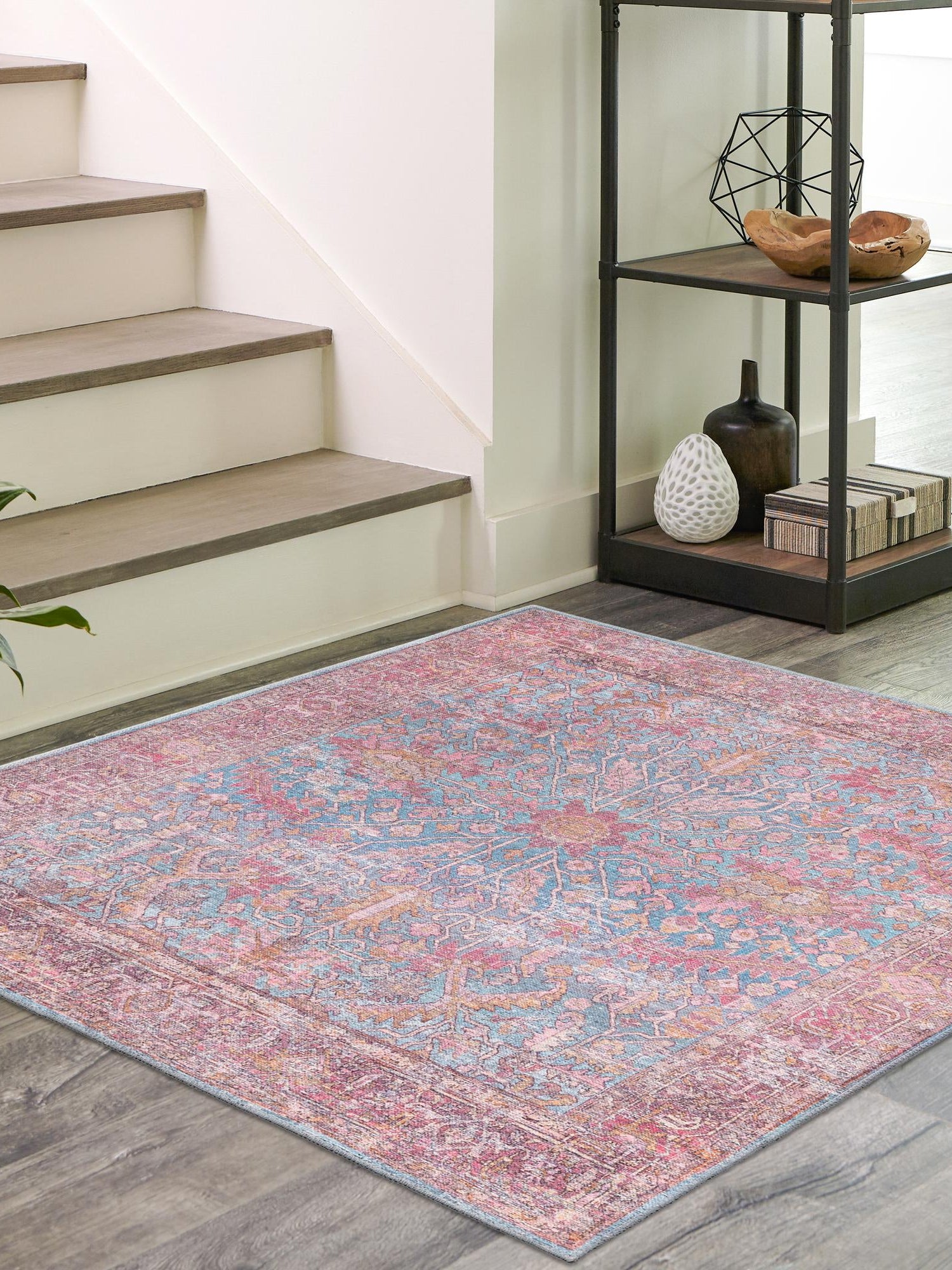 Washable Antique Blue 7' 10 x 7' 10 Mangata Square Area Rug Easy to Clean Stain Resistant & Durable Chenille Traditional Vintage Distressed Carpet for Sale at Rug Engine