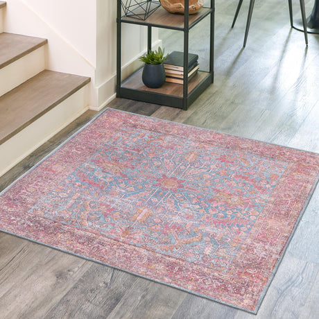 Washable Antique Blue 5' 3 x 5' 3 Mangata Square Area Rug Easy to Clean Stain Resistant & Durable Chenille Traditional Vintage Distressed Carpet for Sale at Rug Engine