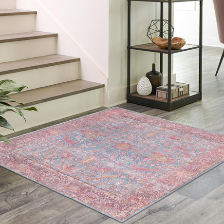 Washable Antique Blue 5' 3 x 5' 3 Mangata Square Area Rug Easy to Clean Stain Resistant & Durable Chenille Traditional Vintage Distressed Carpet for Sale at Rug Engine