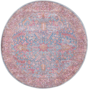 Washable Antique Blue 3' 11 x 3' 11 Mangata Round Area Rug Easy to Clean Stain Resistant & Durable Chenille Traditional Vintage Distressed Carpet for Sale at Rug Engine