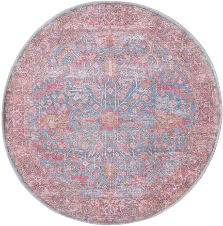 Washable Antique Blue 3' 11 x 3' 11 Mangata Round Area Rug Easy to Clean Stain Resistant & Durable Chenille Traditional Vintage Distressed Carpet for Sale at Rug Engine